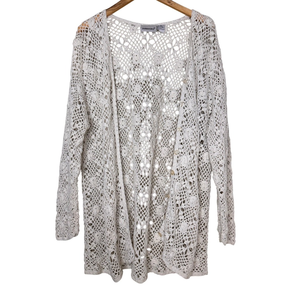 Vintage Fashion Bug Women 3X Crochet Cardigan Cream Cotton Floral Knit Button Up